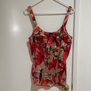 Ann Taylor Red and Pink Floral Tank Top ruffled front